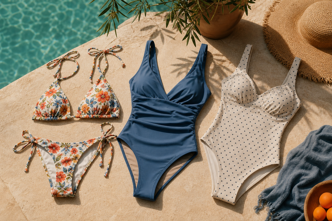 Printed women's swimwear near a pool, including a floral bikini, a blue one-piece, and a polka-dot one-piece