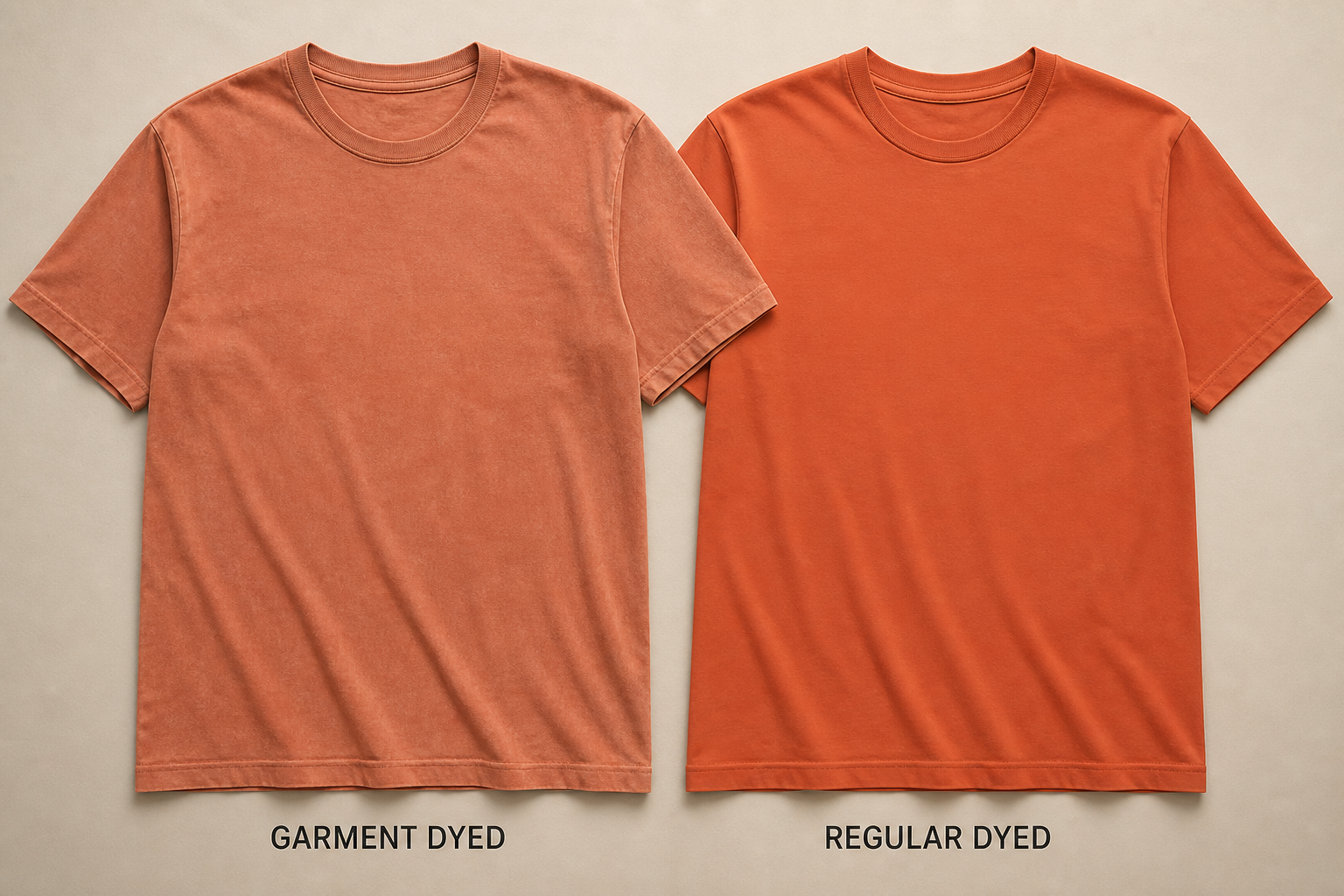 Two T-shirts side by side, one with a faded garment-dyed look and one with a clean uniform color