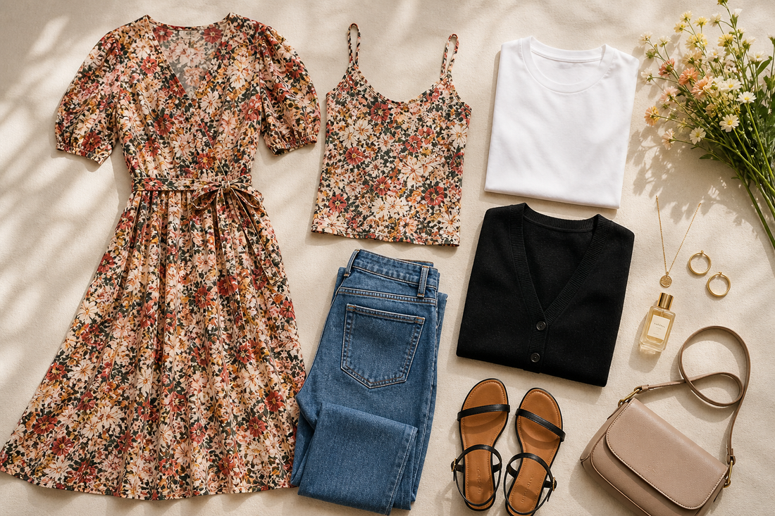 A floral midi dress, floral tank top, denim, a white tee, a black cardigan, sandals, and simple accessories arranged on a neutral surface