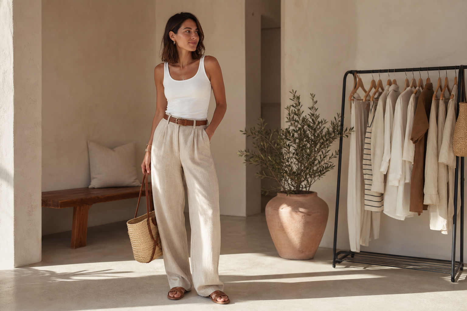 Woman wearing a white tank top with neutral trousers and sandals in a minimalist summer outfit