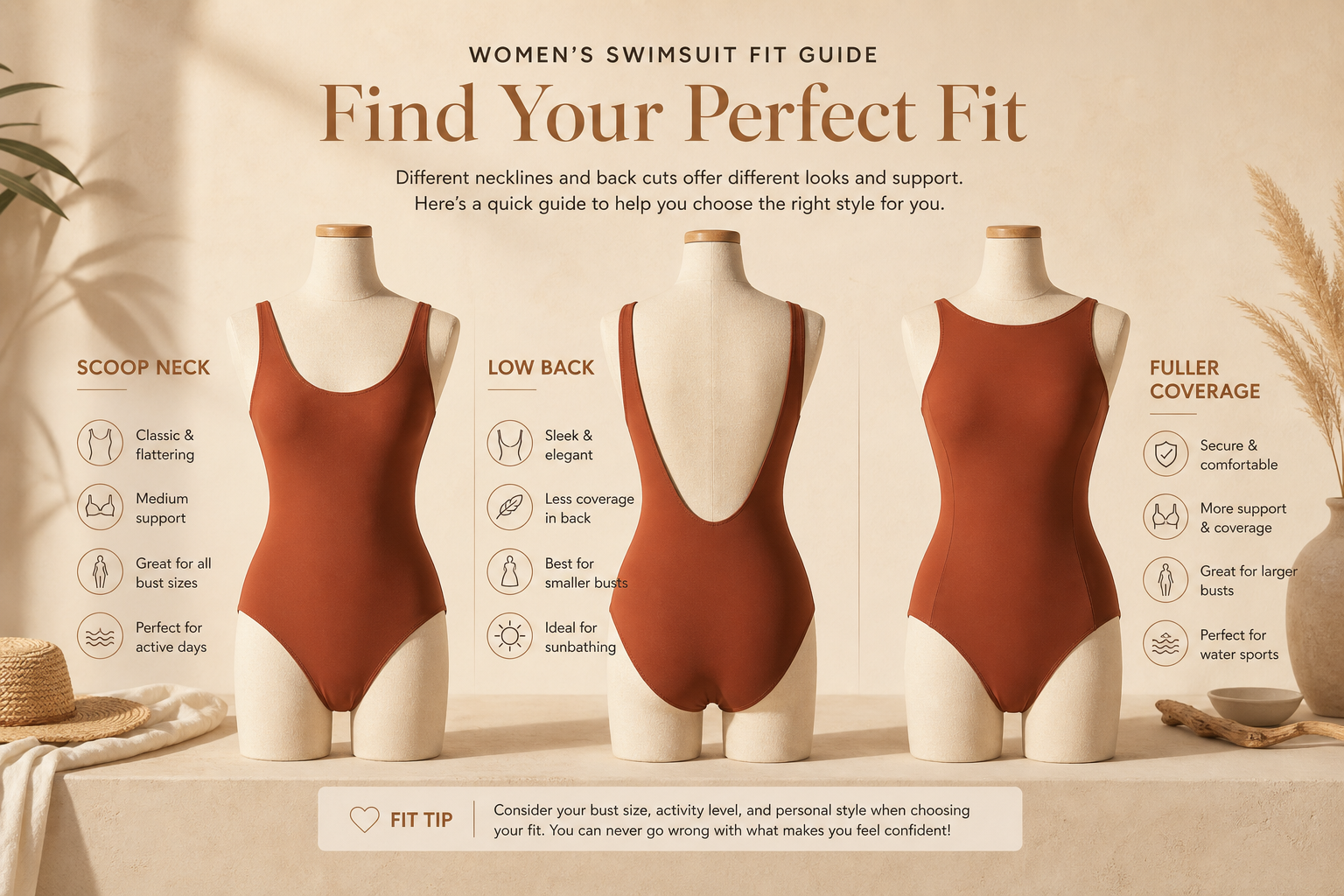 Three one piece swimsuit styles shown side by side with different neckline, back, and coverage shapes.