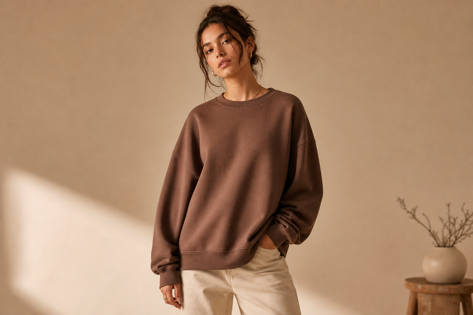 Person wearing a balanced oversized crewneck sweatshirt with dropped shoulders and relaxed sleeves