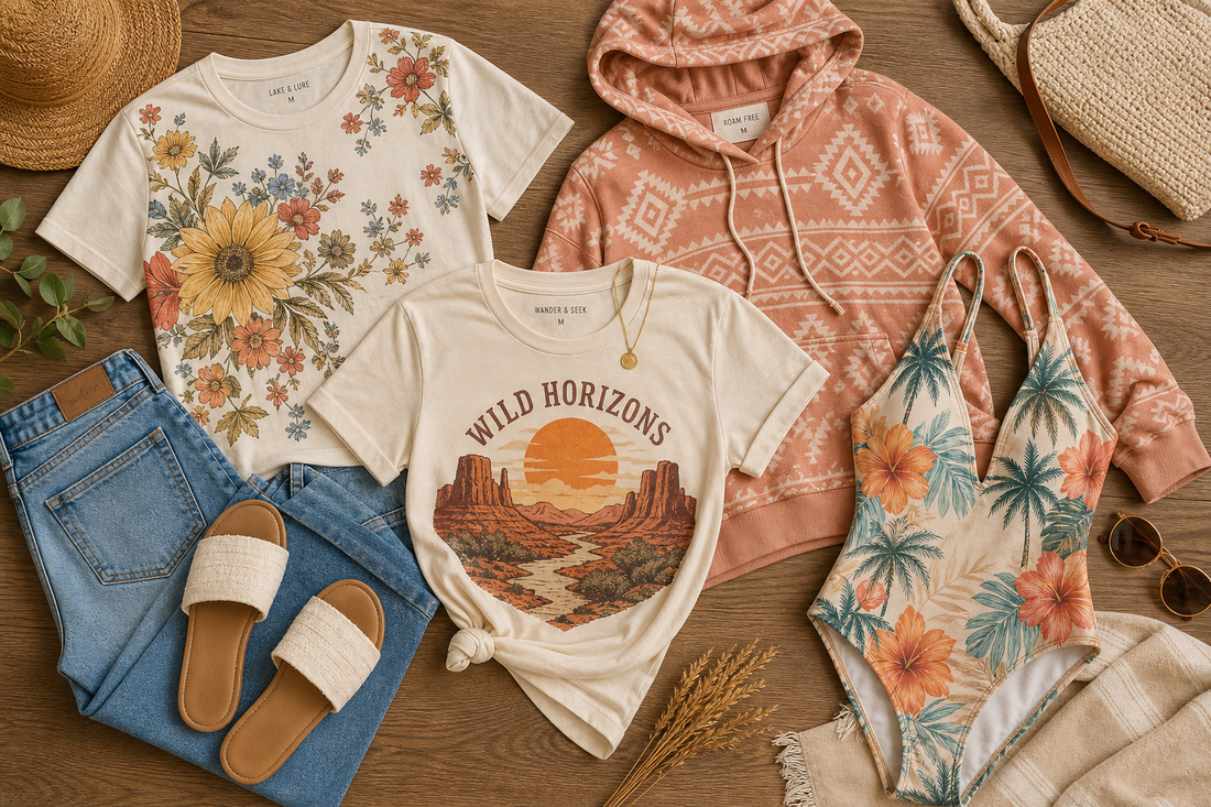 Printed floral and graphic apparel arranged with denim and neutral accessories on a wooden surface