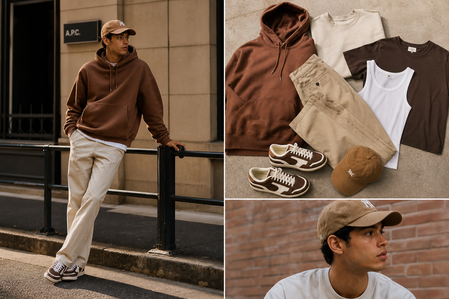 Casual urban outfit with T-shirt, hoodie, straight-leg pants, sneakers, and cap in a city setting
