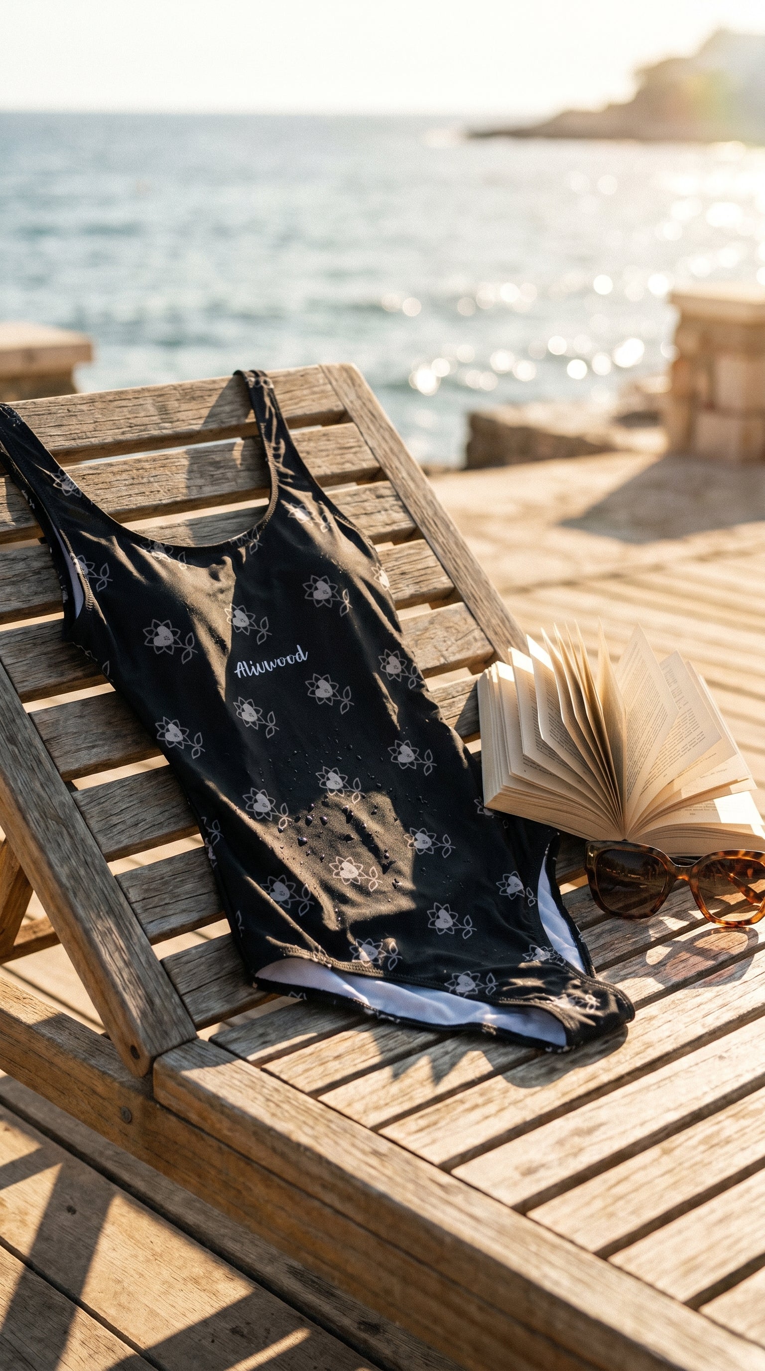 Black dress with white patterns on a wooden chair by the sea