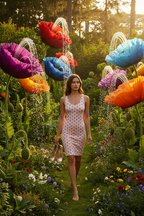 Woman walking through a garden with oversized colorful flowers.