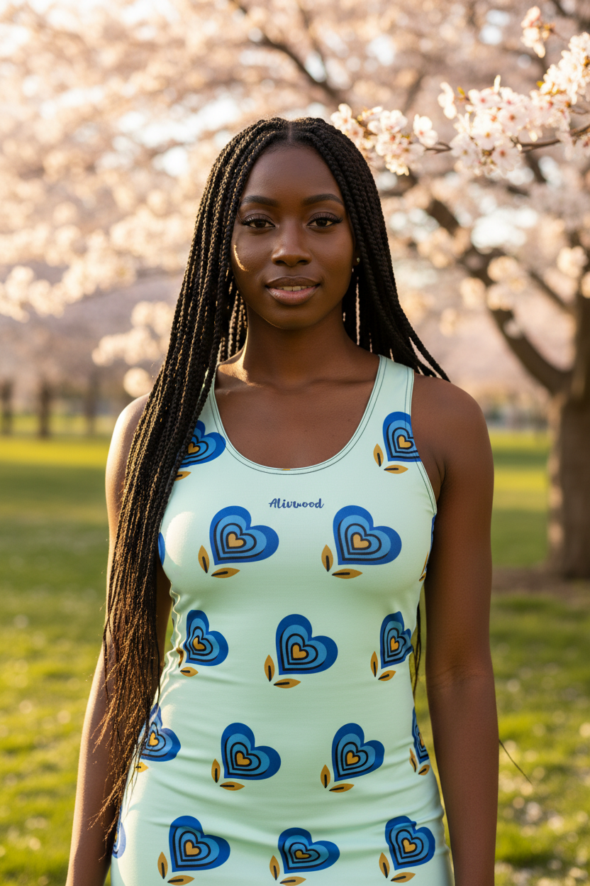 Blue Heart Honeydew bodycon dress with all-over floral heart print, fitted silhouette, and smooth stretch fabric