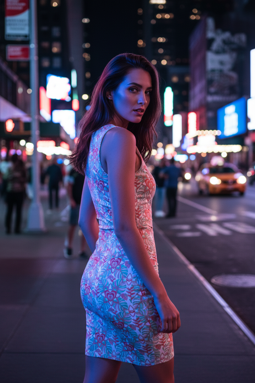 Woman in a floral dress standing on a city street at night with neon lights.