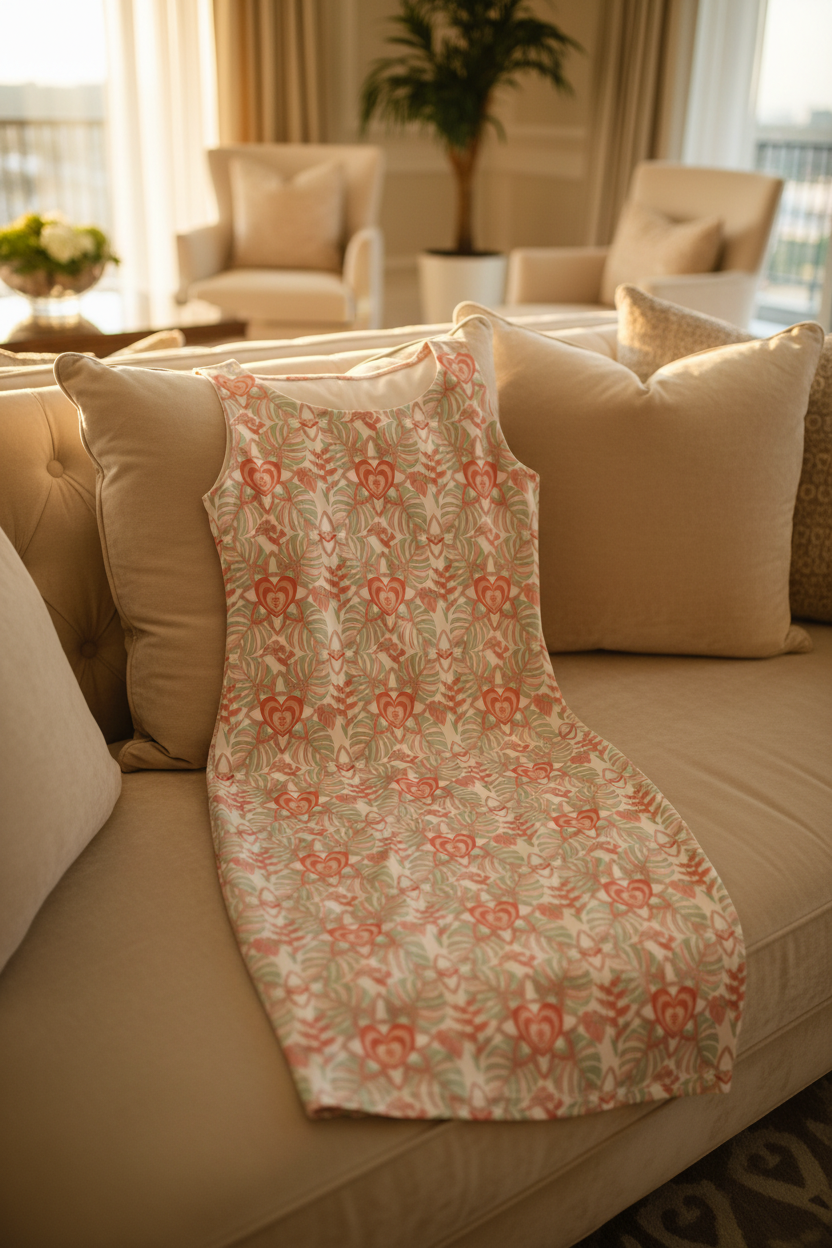 Floral-patterned blanket draped over a beige sofa in a living room setting.