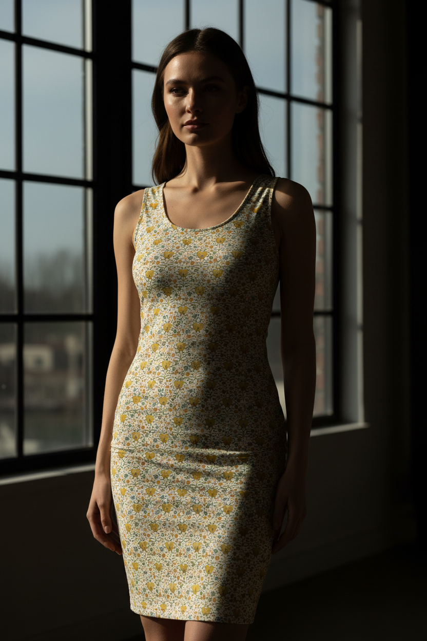 Woman wearing a floral dress standing in front of a window with a dark background