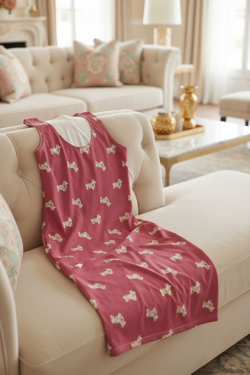 Pink dress with white patterns draped over a beige sofa in a living room.