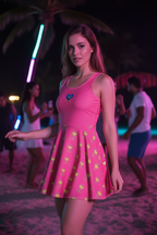 Woman in a pink dress with a heart design on a beach at night.