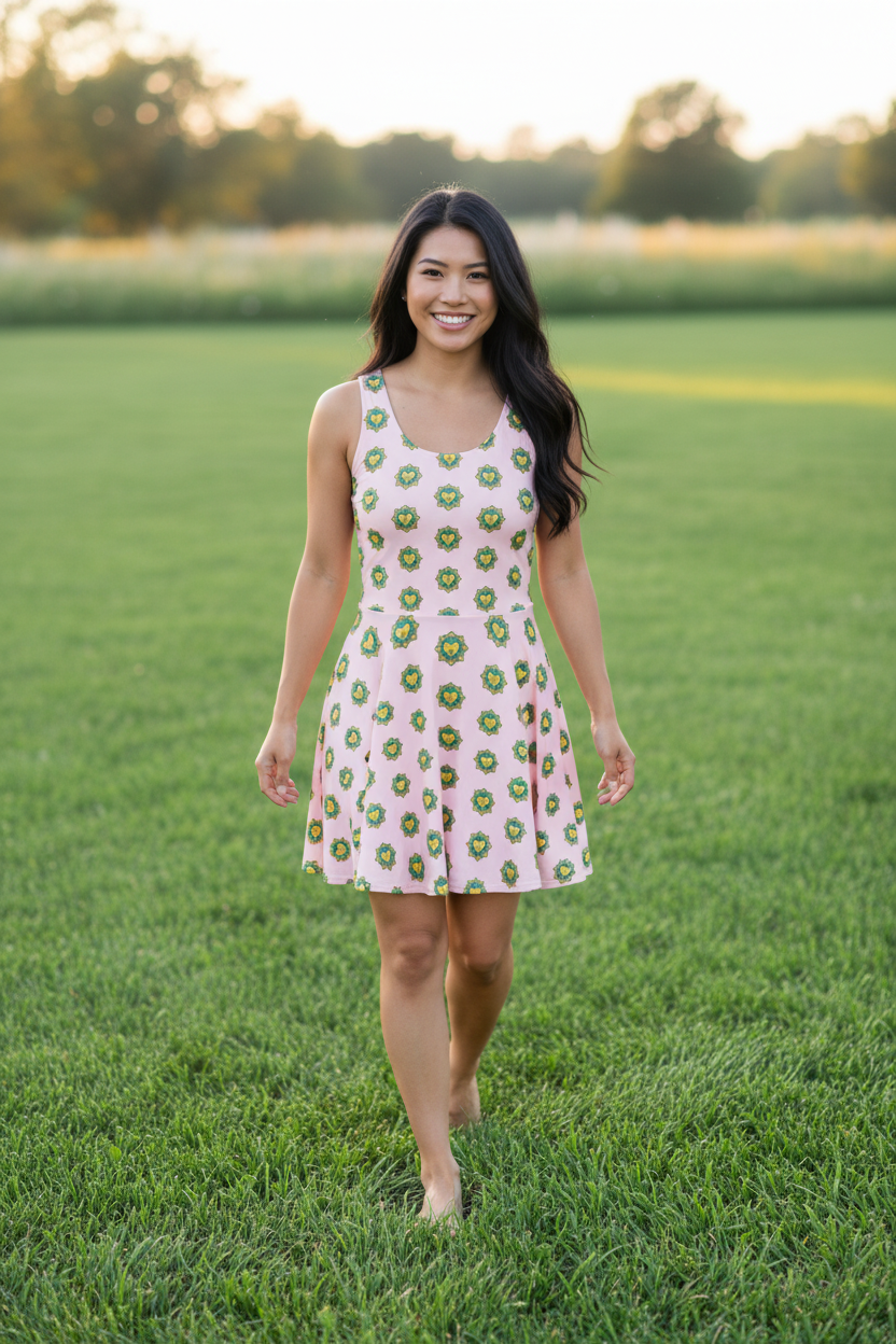 Flower Candy pale pink cotton skater dress with floral print, fitted bodice, and mid-thigh flared skirt