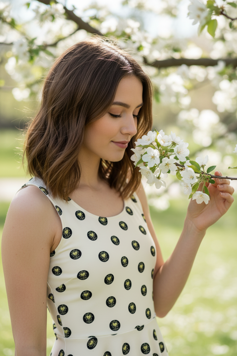 Logo polka-dot apricot white cotton skater dress with fitted bodice and flared mid-thigh skirt