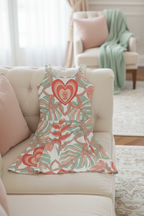 Dress with heart and floral pattern on a beige sofa in a living room setting