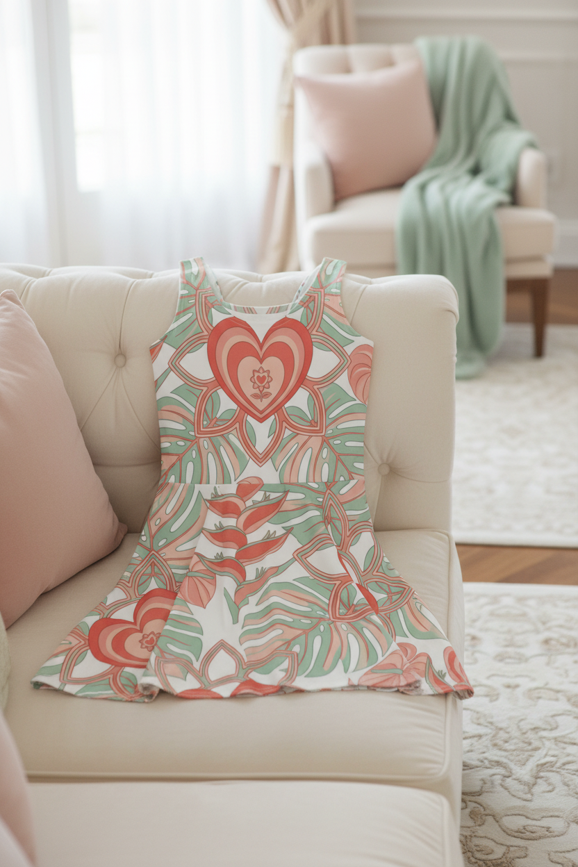 Dress with heart and floral pattern on a beige sofa in a living room setting