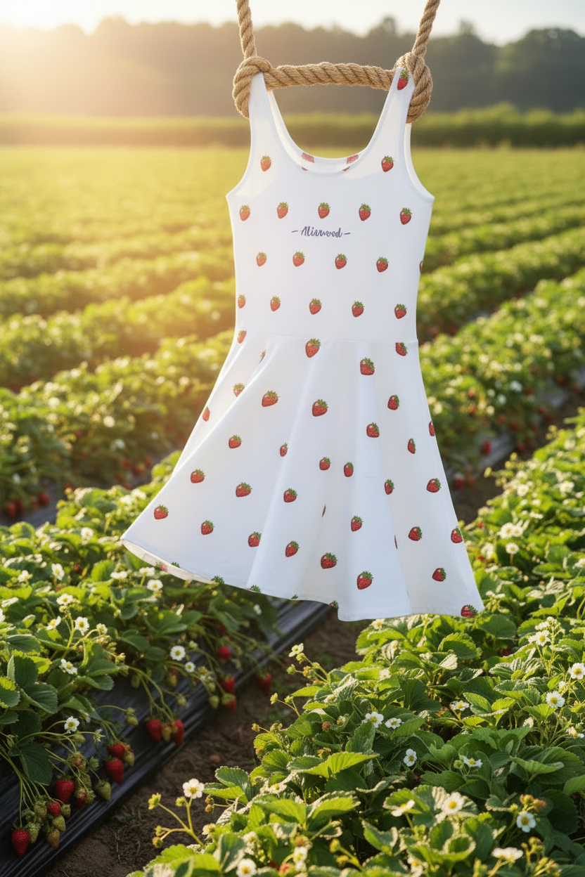 White dress with red strawberry pattern hanging on a rope in a strawberry field.