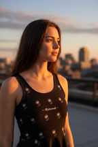 Woman wearing a black tank top with floral patterns and 'Althea' branding, standing on a rooftop with a cityscape in the background.