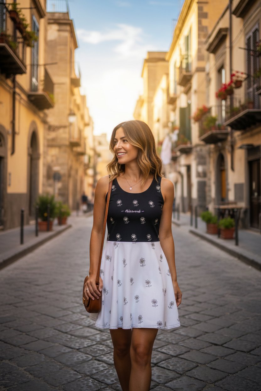 Woman walking down a sunlit street in an urban setting