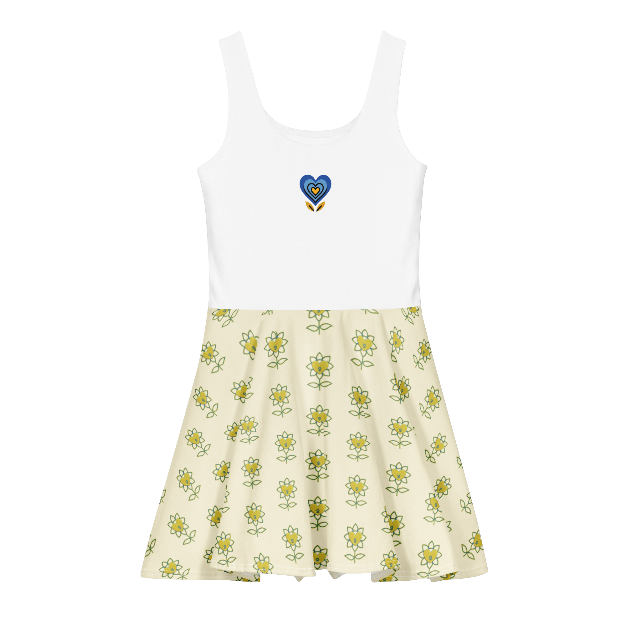BlueHeart and Flower Apricot White Cotton skater dress - Alivwood