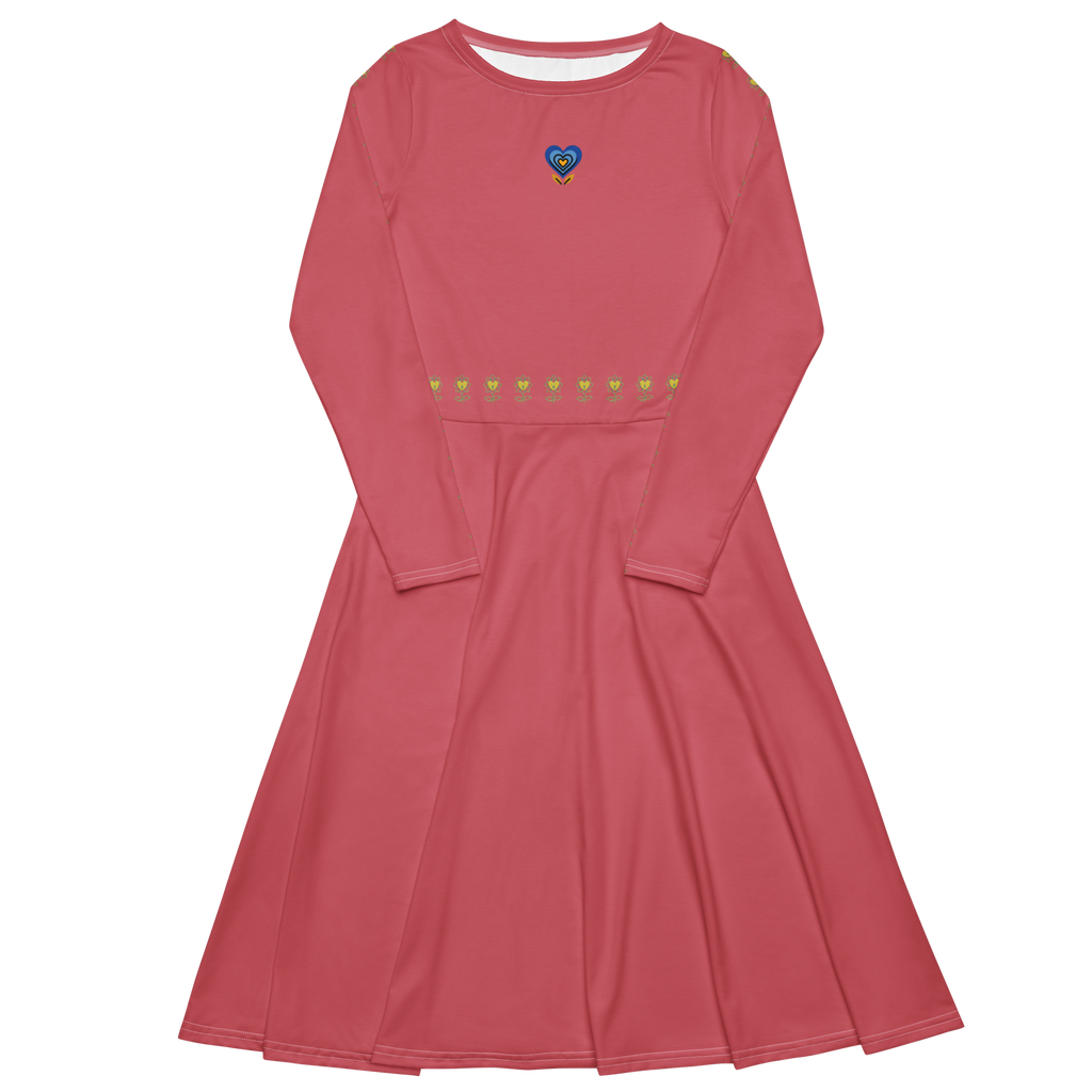 Blue Heart and Flowers All-over print long sleeve midi dress - Alivwood