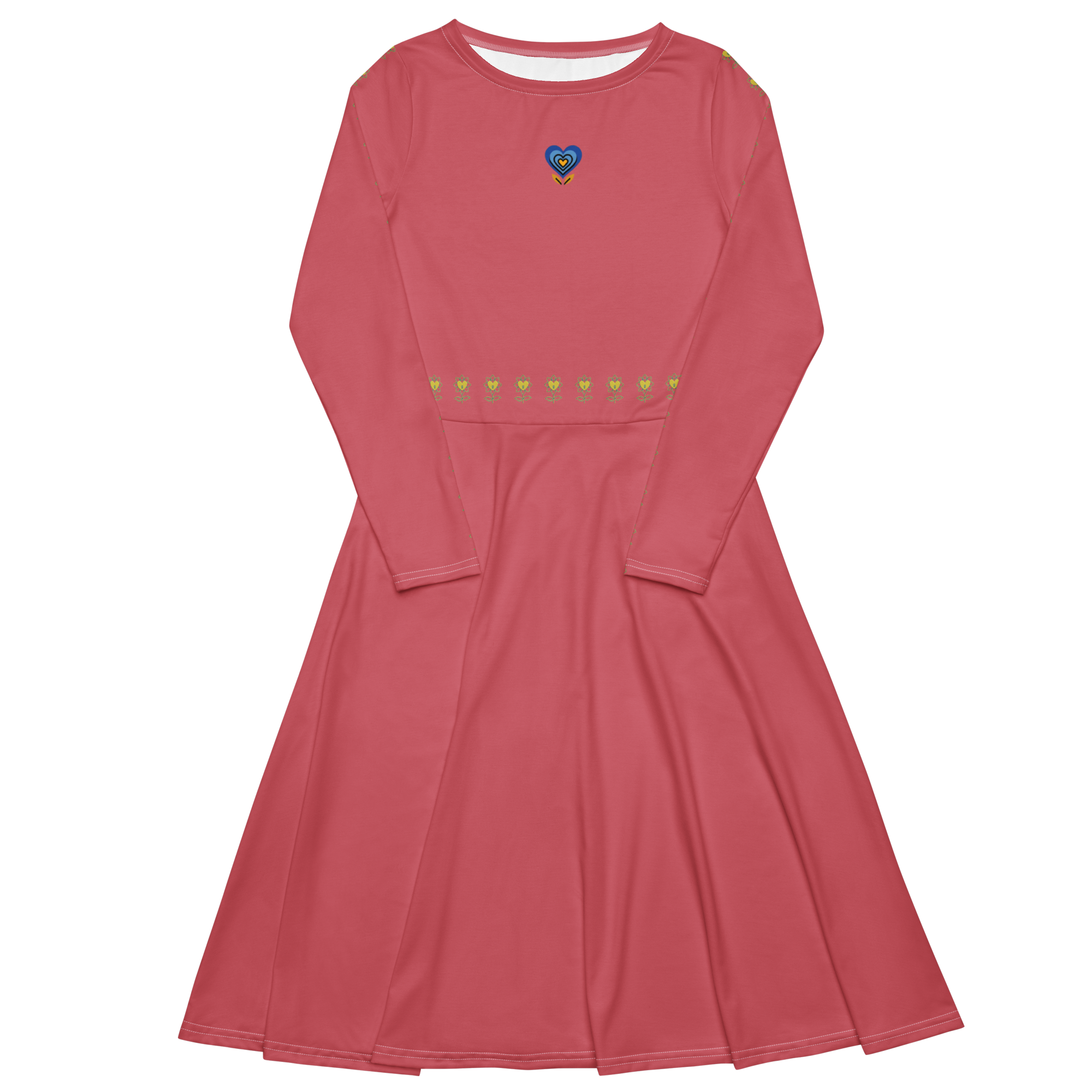Blue Heart and Flowers All-over print long sleeve midi dress - Alivwood