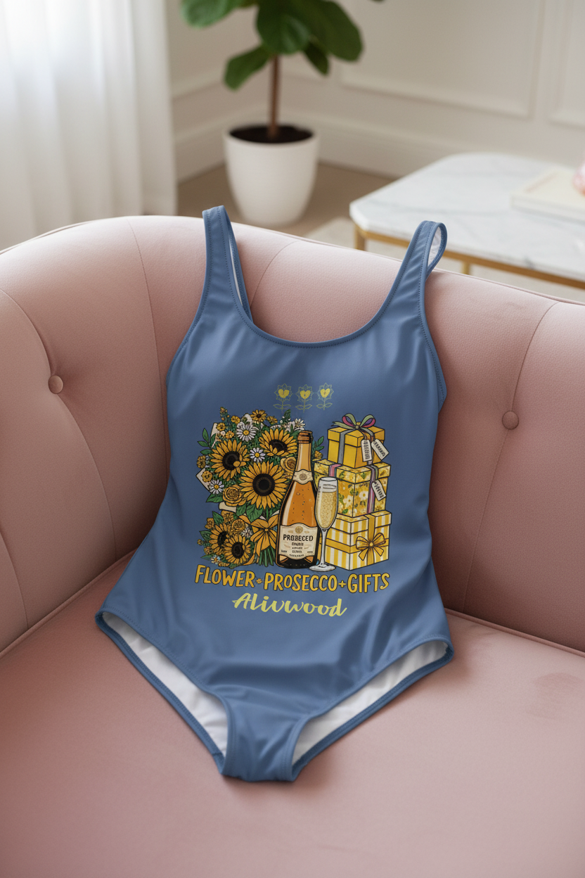 Blue swimsuit with floral and gift design on a pink couch