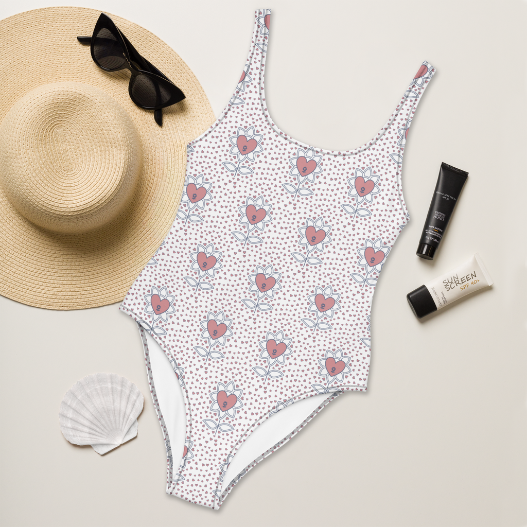 Flower and hearts One-Piece Swimsuit - Alivwood