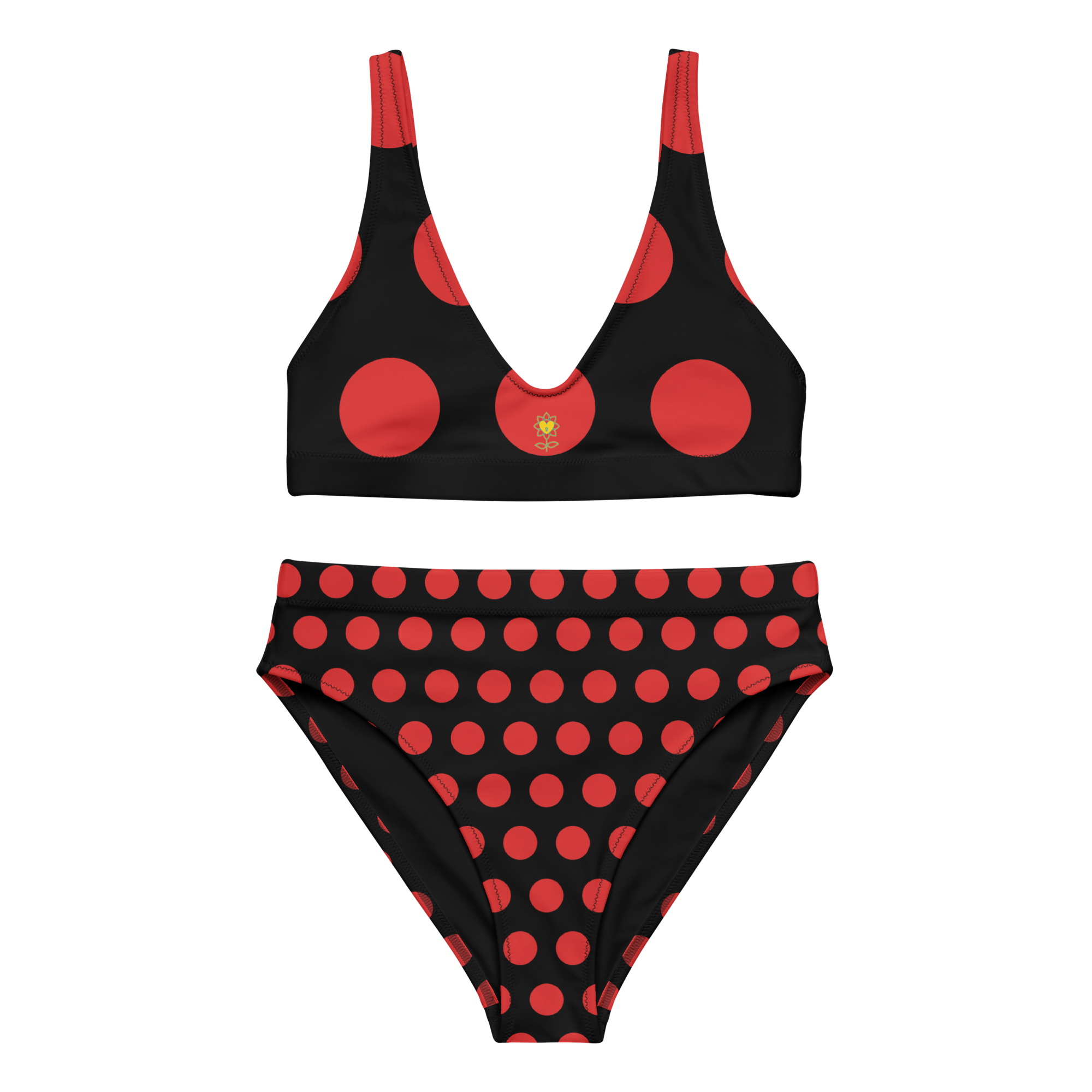 Red dot Black Recycled high-waisted bikini - Alivwood