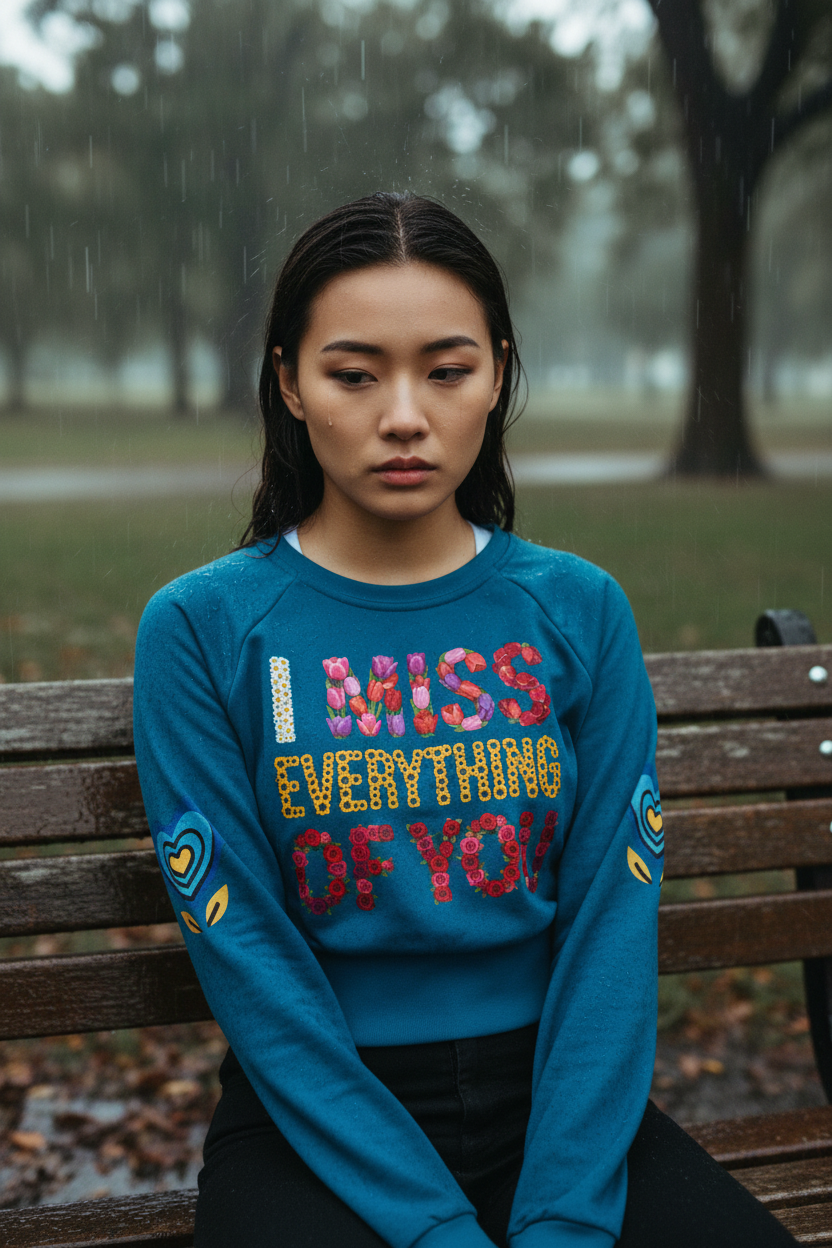 Person wearing a blue sweater with colorful text sitting on a bench in a park.