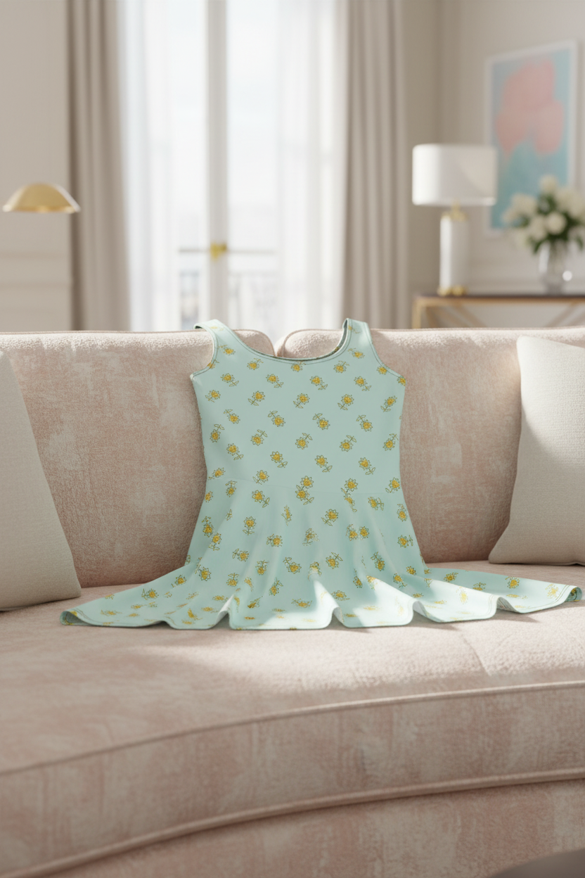 Light blue dress with yellow floral pattern on a beige sofa in a living room.