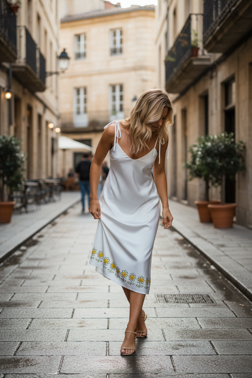 Woman in a white dress with floral embroidery walking down a street in an urban setting.
