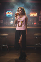 Woman holding a beer in a bar with neon signs in the background
