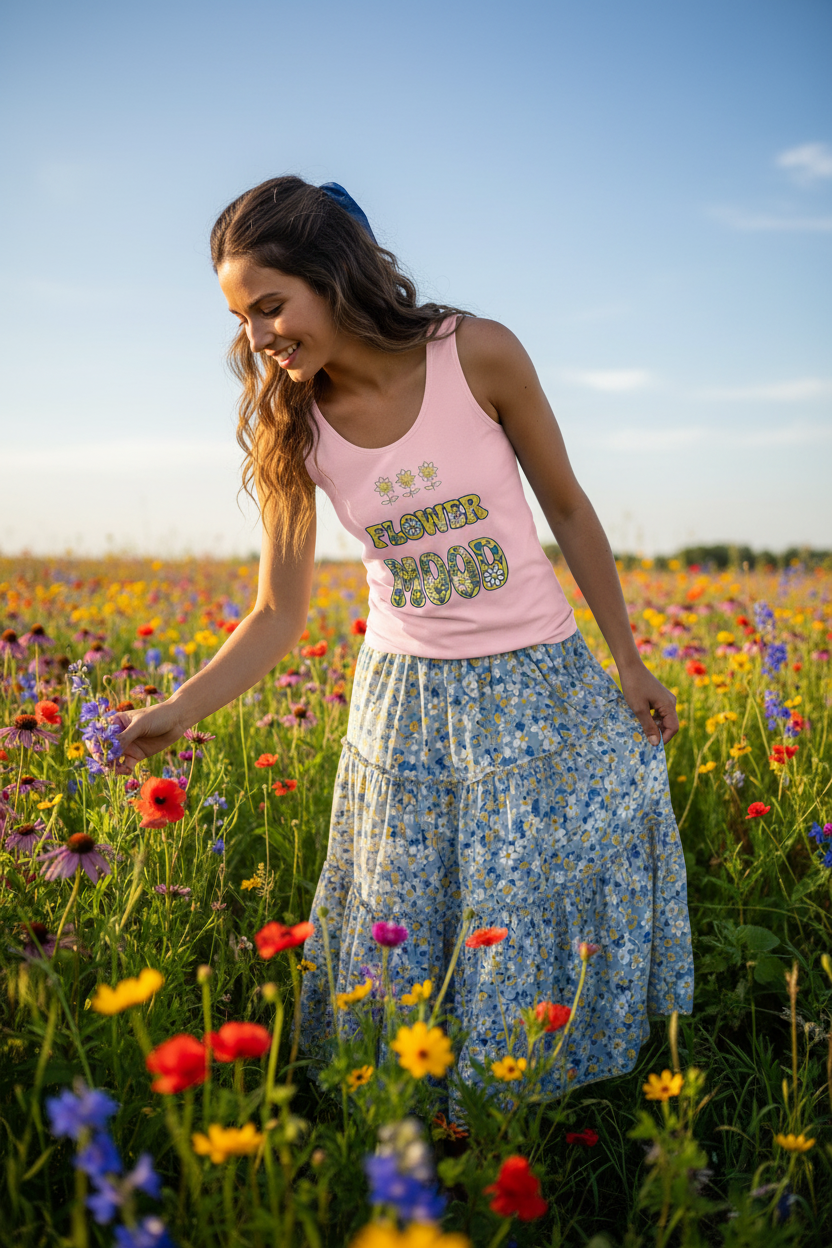Woman in a pink tank top and floral skirt standing in a field of wildflowers with a blue sky.