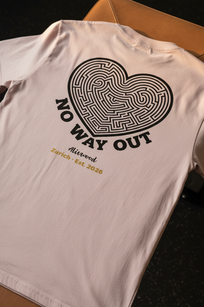 White t-shirt with black heart maze design and text on a dark surface