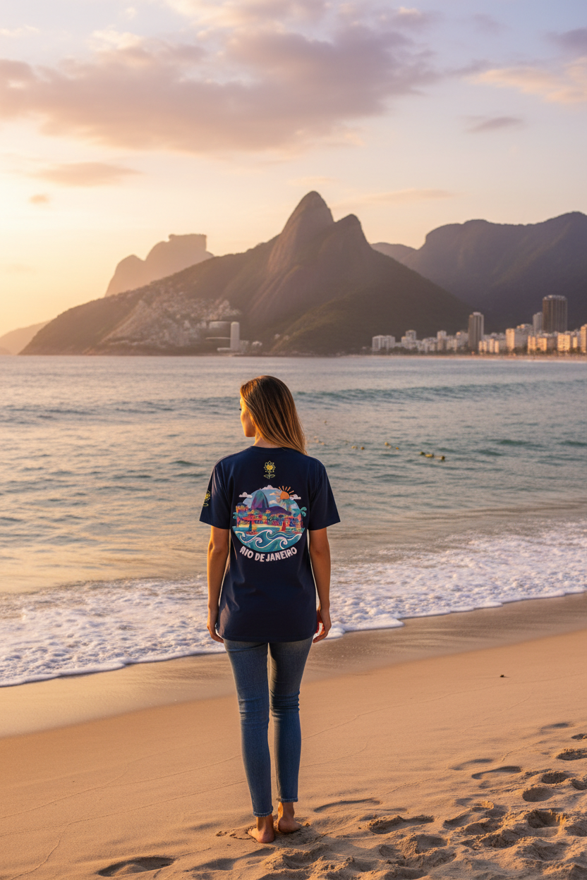 Person standing on a beach with mountains and city skyline in the background