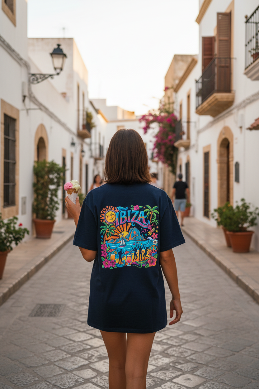 Person wearing a black t-shirt with colorful 'Ibiza' design walking down a sunlit street.