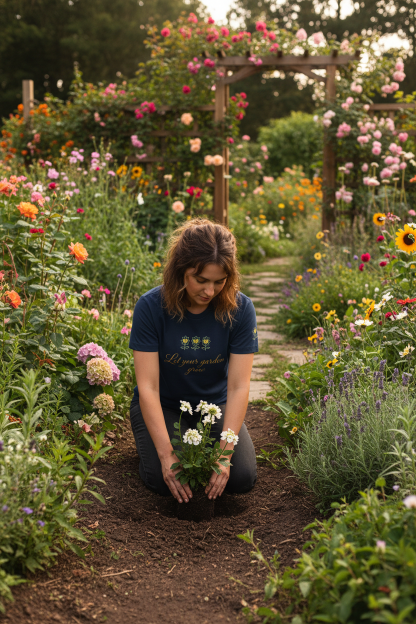 Woman tending to flowers in a lush garden