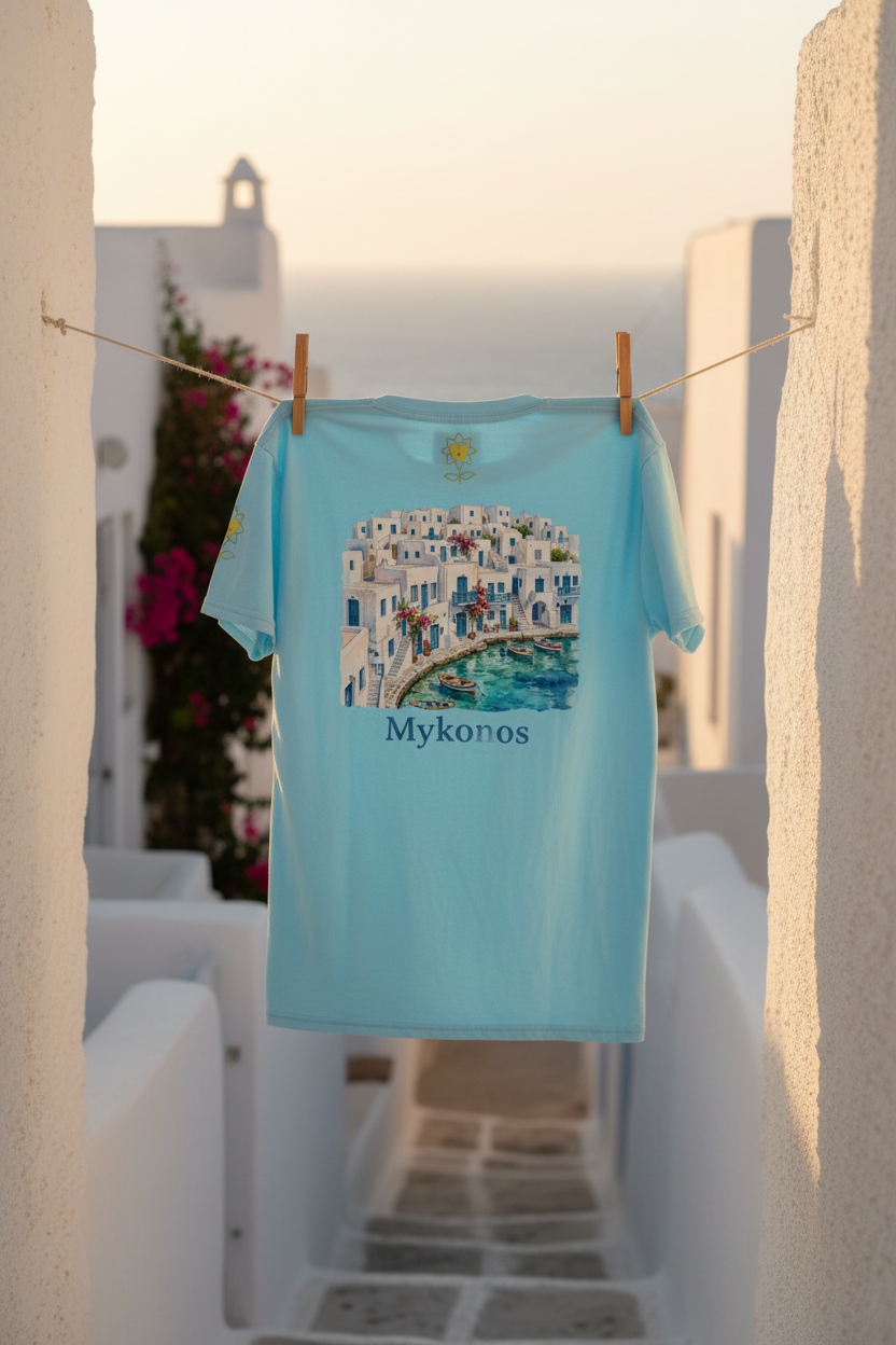 Blue t-shirt with 'Mykonos' design hanging on a clothesline against a white wall.