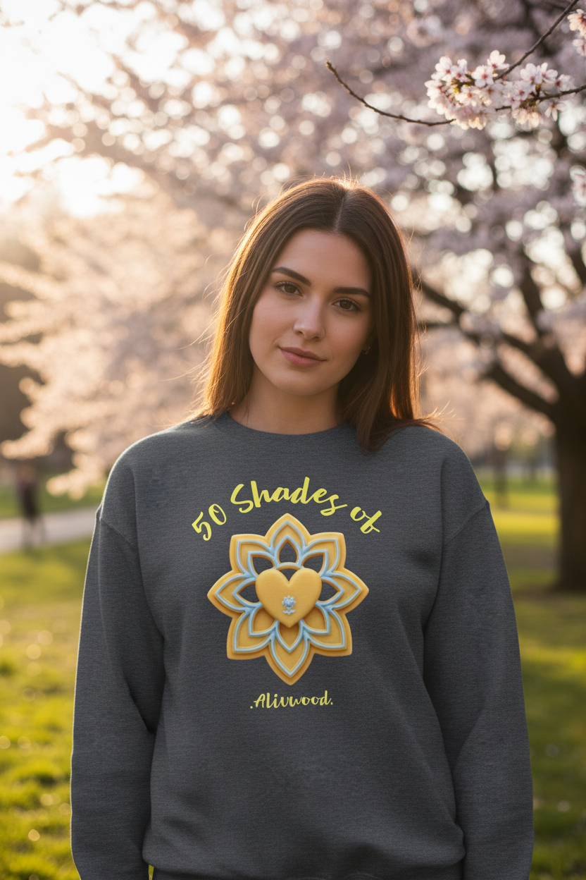 Woman wearing a dark gray sweatshirt with a floral design and text, standing in a park with cherry blossom trees.