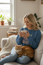 Woman sitting on a couch with a cat, holding a phone in a cozy living room.