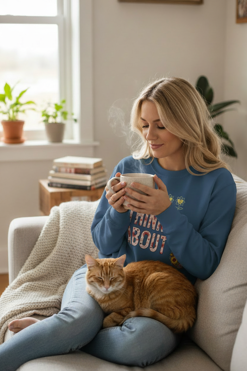 Woman sitting on a couch with a cat, holding a phone in a cozy living room.