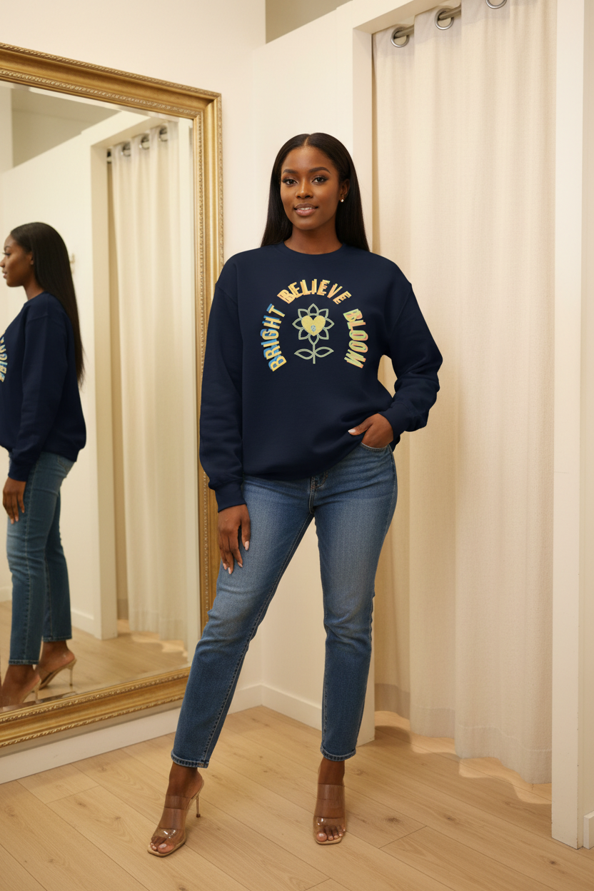 Woman wearing a navy blue sweatshirt with text and a flower design, standing in front of a mirror.