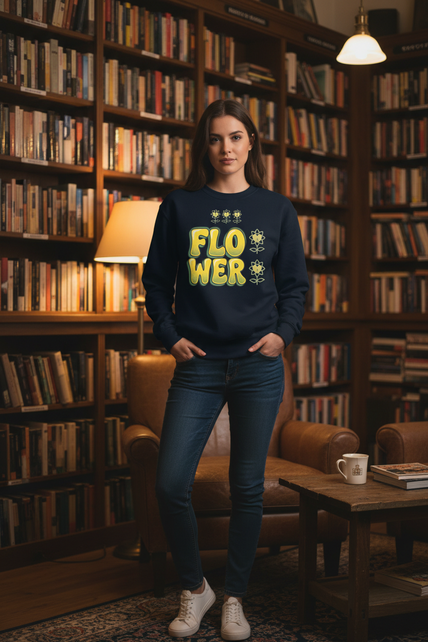 Person wearing a navy blue sweatshirt with 'FLO'ER' text in a library setting