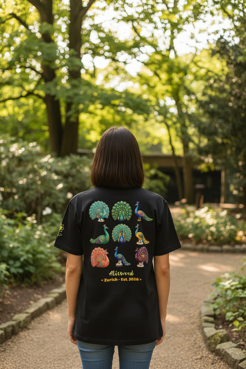 Person wearing a black t-shirt with colorful peacock designs in a garden setting