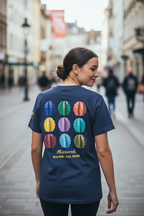 Person wearing a blue t-shirt with colorful circular designs on the back, walking down a city street.