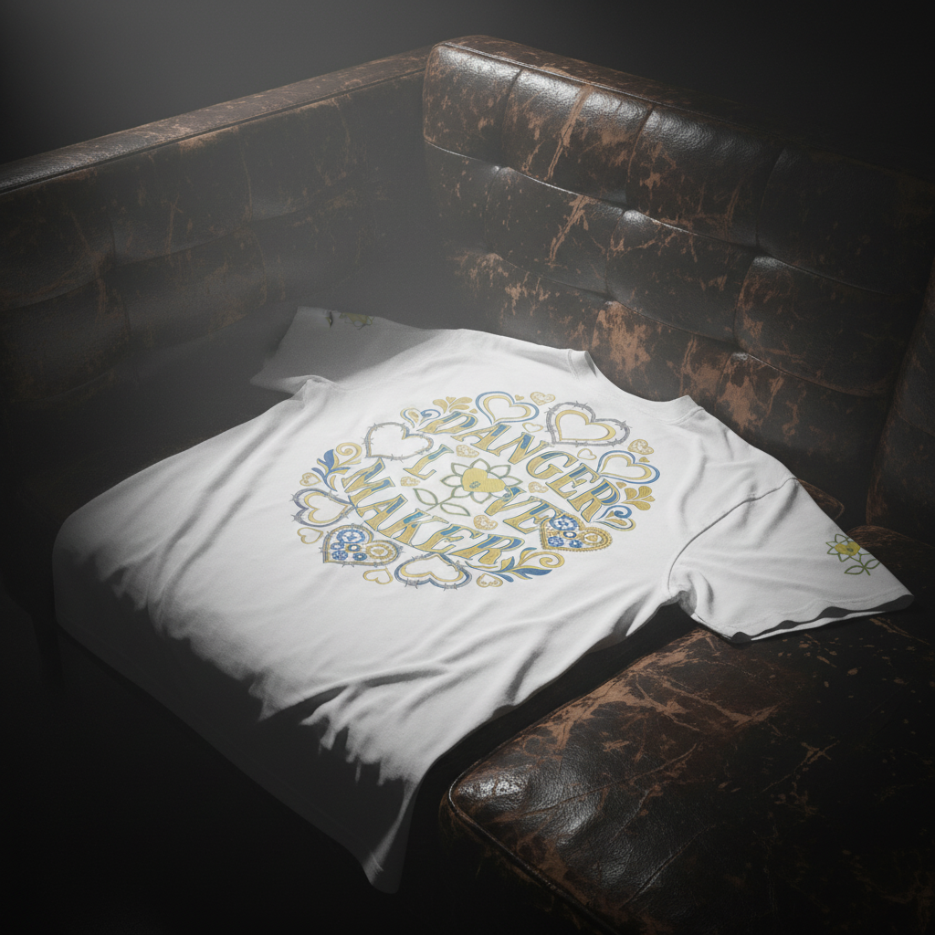 White t-shirt with colorful design on a dark leather couch