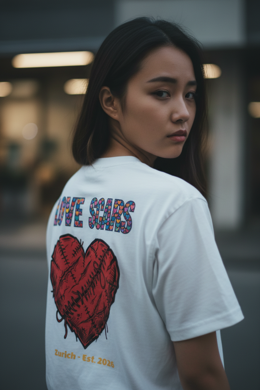 Person wearing a white t-shirt with a red heart and text design on the back.