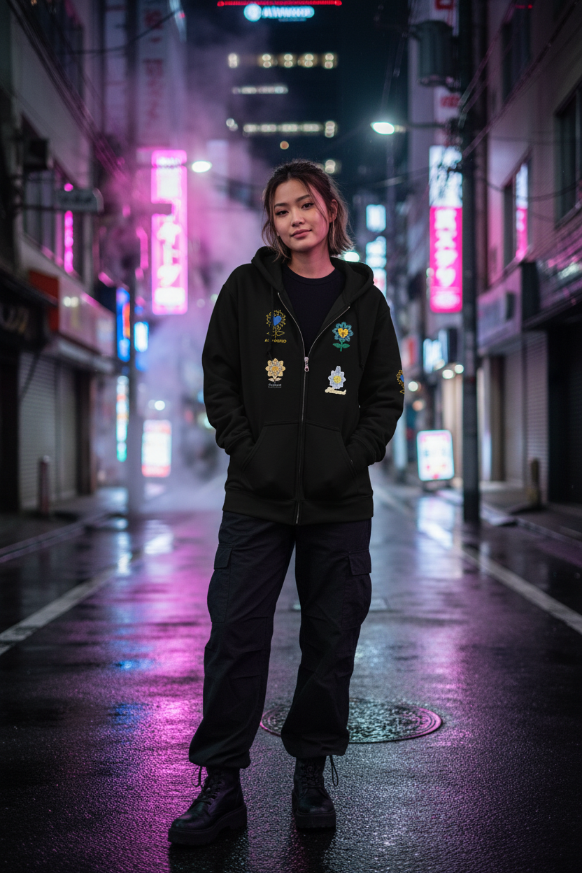 Person wearing a black hoodie with patches on a neon-lit street at night