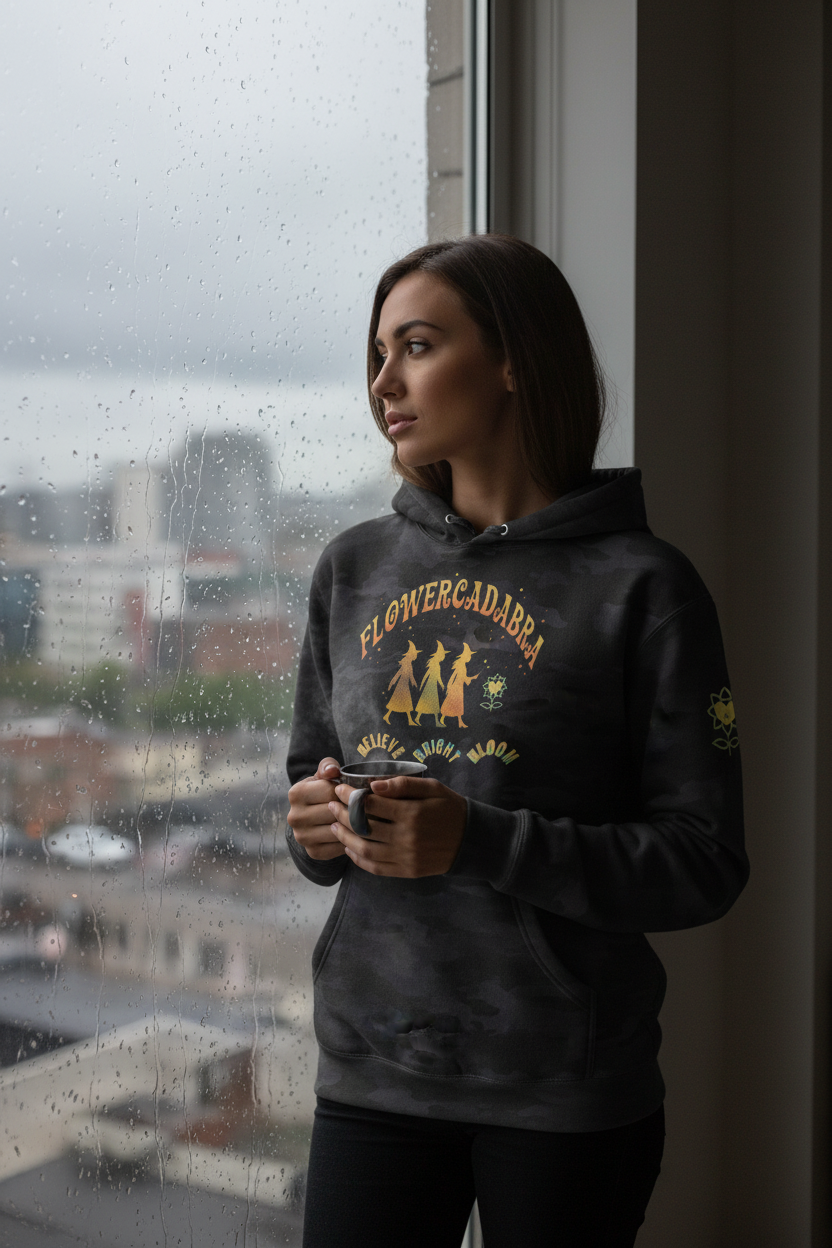 Woman wearing a hoodie with a graphic design, standing by a window on a rainy day.